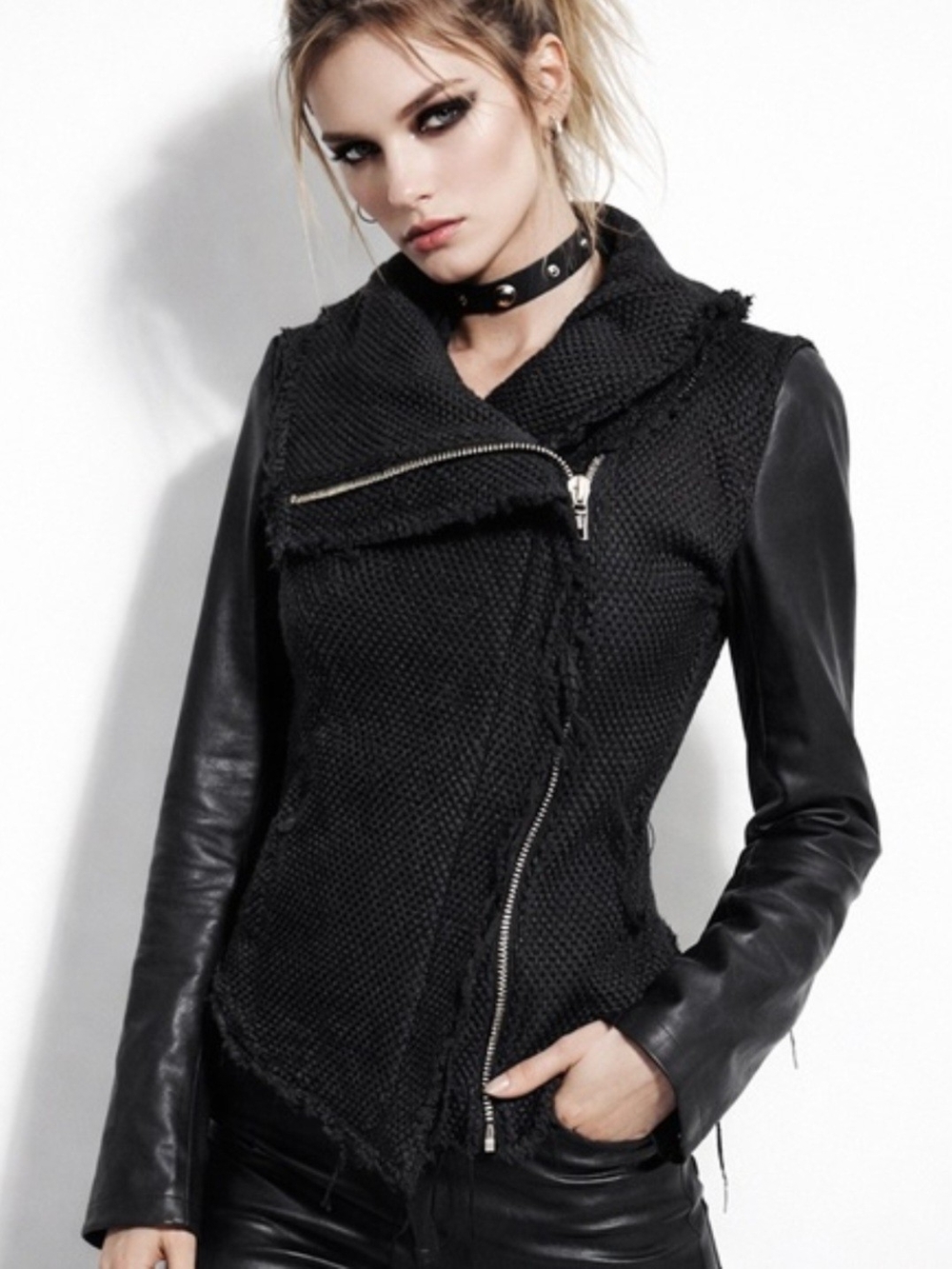 Blank NYC Black Mixed-Material Asymmetric Moto Jacket